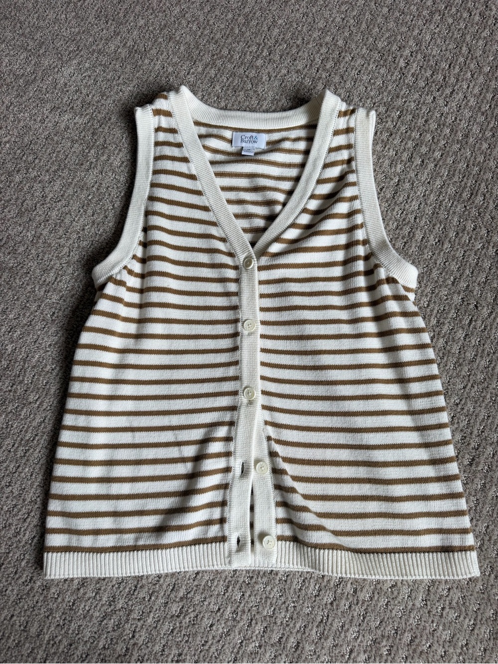 Cotton Striped Button-Front Knit Vest in Cream and Tan size M